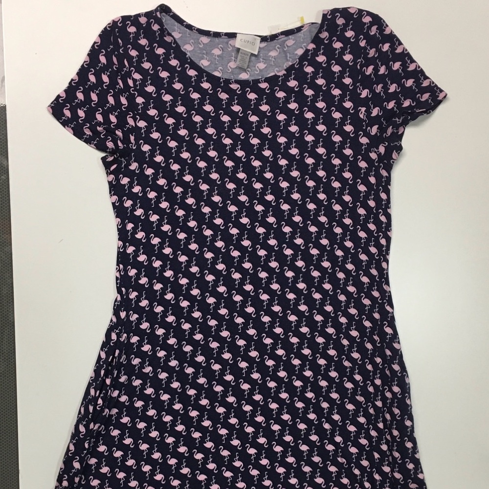 Cupio A-Line Dress Women's M Black Flamingo Print Stretch Cap Sleeve Round Neck